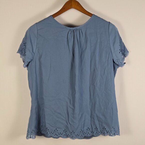 Mikarose Blue Eyelet Hem Short Sleeve Blouse Women’s XXL Modest Feminine Top - Picture 2 of 12